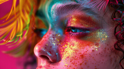 Close-up portrait of a young woman with bright and colorful makeup, conveying a sense of excitement and artistic creativity.