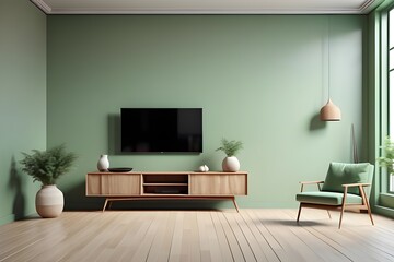 Minimalist living room interior with display tv on Wooden cabinet and floor. green wall. Generative ai