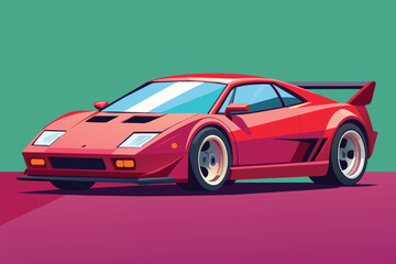 Naklejka premium A vibrant red sports car zooms along a colorful pink and green backdrop in this illustration, Sports car Customizable Flat Illustration