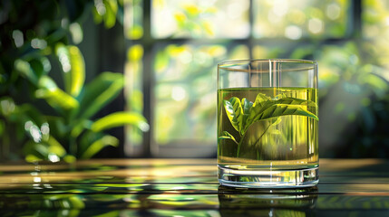 Green tea being steeped in clear glass, front view, Purity in taste, digital binary as object, colored pastel