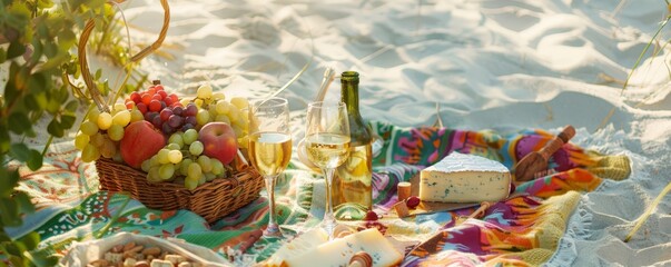 Fototapeta premium A colorful picnic blanket spread out on the sand with a basket overflowing with fresh fruit, cheese, and a bottle of chilled white wine with two glasses