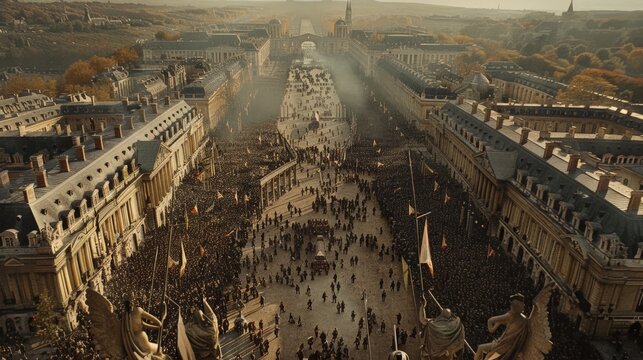 Parisian street with people from above, looks like a scene from Les Miserables.