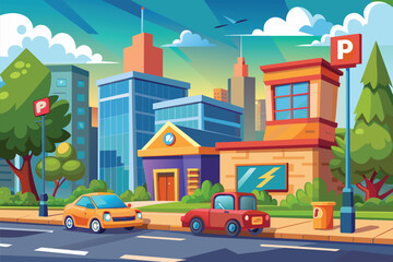 A city street lined with parked cars on the side, showing a bustling urban scene, Street paid parking Customizable Cartoon Illustration
