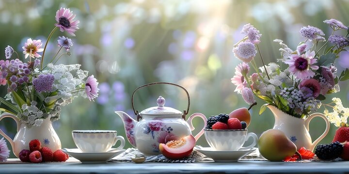 Enchanting garden tea party with teapot cups, fruit, and floral arrangements. Concept Garden Tea Party, Teapot Cups, Fresh Fruit, Floral Arrangements