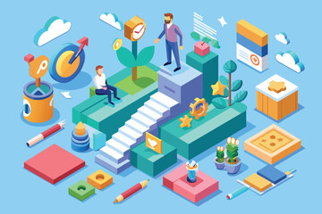 A man is standing proudly at the top of a staircase, Success factors Customizable Isometric Illustration