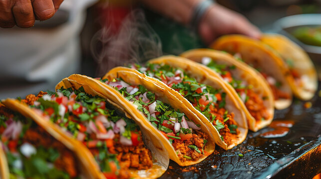 Street vendor serving spicy tacos, front view, Flavorful street food, advanced tone, Triadic Color Scheme