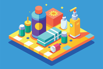Assorted cosmetics neatly arranged on a vibrant blue surface, Sunscreen Customizable Isometric Illustration