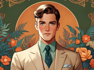 vintage style illustration of profile of a handsome man dressed in elegant clothes over flowers - obrazy, fototapety, plakaty