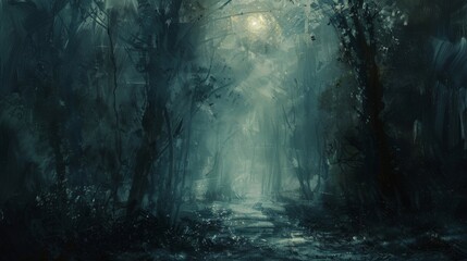 A dark forest with a path through it