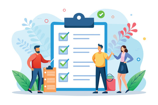 A group of individuals gathered around a clipboard with a checklist, discussing and reviewing the tasks at hand, Team checklist Customizable Flat Illustration