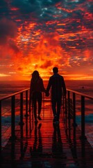 Fototapeta premium Couple silhouette holding hands pier sunset ocean romantic 