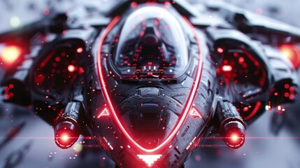 A futuristic space ship with red lights and a glowing cockpit