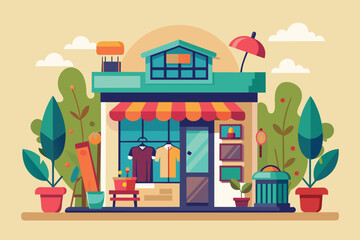 A small store with a colorful umbrella and potted plants outside on a sunny day, Thrift shop Customizable Flat Illustration