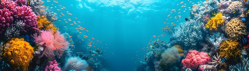 Fototapeta na wymiar Underwater photography flat design top view coral reef snapshots theme 3D render Splitcomplementary color scheme