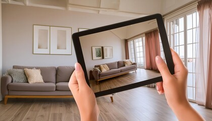  Hand holding a tablet displaying an image of a well-decorated, cozy living room