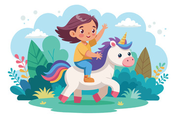 Naklejka premium A young girl happily rides on the back of a white horse, Toddler riding unicorn Customizable Flat Illustration
