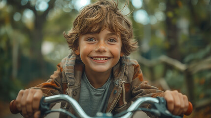 Obraz premium a boy with a smile rides his bicycle