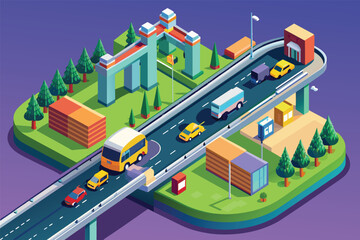 Cars and buses moving on a busy highway with lanes marked, showcasing urban transportation scene, Toll road Customizable Isometric Illustration