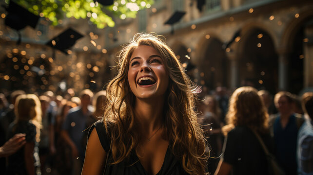 Joyful Young Woman Laughing At Graduation Celebration, Radiant Smiles In Golden Light, Ai Generated