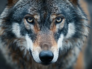 Obraz premium wolf looking at camera closeup, wild mammal predator, canis lupus