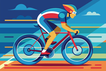 Fototapeta premium A man riding a bike down an urban street on a sunny day, Track cycling Customizable Flat Illustration