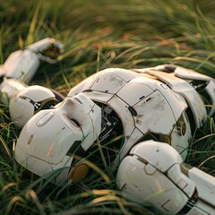 White robot lying on the grass - obrazy, fototapety, plakaty