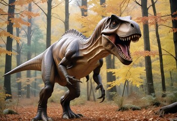 A large, ferocious-looking Tyrannosaurus Rex dinosaur standing in a forest with autumn foliage in the background