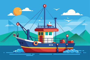 A boat peacefully floating on the calm water surface, Trawl fishing Customizable Flat Illustration
