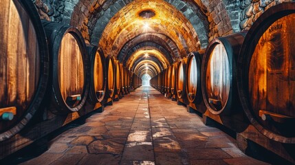 Old french oak wooden barrels in underground cellars for wine aging process, wine making in La Rioja region, Spain