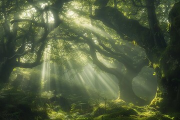Fototapeta premium magical sunbeams piercing through ancient forest canopy creating enchanting play of light and shadow nature photography