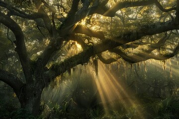 Fototapeta premium magical sunbeams piercing through ancient forest canopy creating enchanting play of light and shadow nature photography