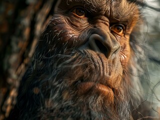 sasquatch closeup portrait, folklore, ape-like cryptid bigfoot