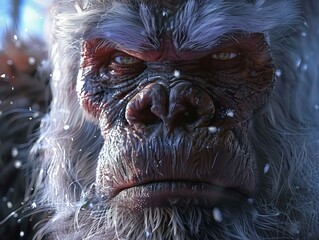 sasquatch closeup portrait, folklore, ape-like cryptid bigfoot
