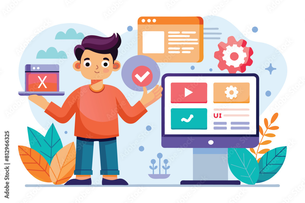 Poster a man standing in front of a computer screen, focusing on his work, ui-ux differences customizable c