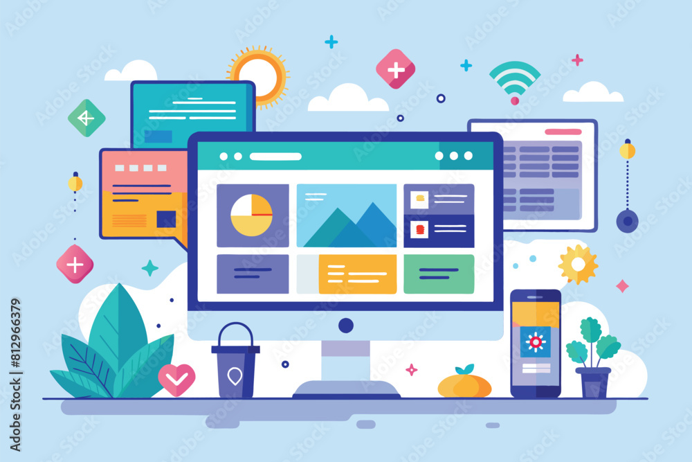 Poster a computer monitor and a cell phone placed on a desk in a modern office setting, ui-ux design custom