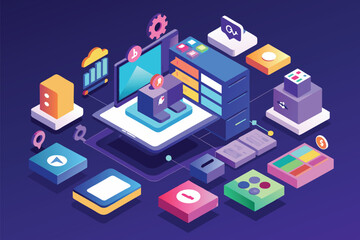 Fototapeta premium A computer screen displaying icons in a customizable isometric design, Ui-ux design Customizable Isometric Illustration