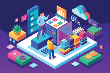 Fototapeta premium A man standing confidently atop a stack of books, Ui-ux differences Customizable Isometric Illustration