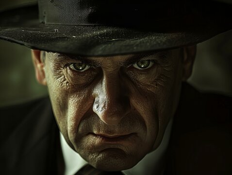 closeup portrait of a mafioso staring at camera, serious, vintage gangster expression