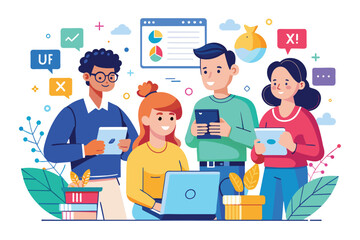 A diverse group of individuals standing around a laptop, discussing projects and ideas, Ui-ux team Customizable Disproportionate Illustration