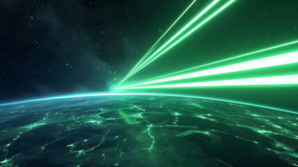 Illustration of bright green energy rays emitting from earth, symbolizing renewable energy sources