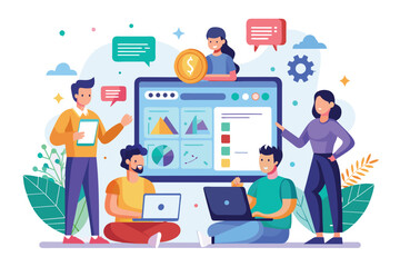 A group of people standing around a computer screen, reviewing and discussing a UI/UX design, Ui-ux team Customizable Flat Illustration