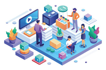 A team of people gathered around a flat screen TV, engaged in watching a presentation, Ui-ux team Customizable Isometric Illustration