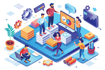 A team of individuals gathered around a laptop, engaged in a discussion or collaboration on a project, Ui-ux team Customizable Isometric Illustration