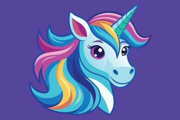 Vibrant unicorn head with colorful mane against purple backdrop, Unicorn head Customizable Disproportionate Illustration