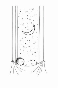 recommend clip art: A minimalist line art sketch of a baby curled up in a crib, with a crescent moon and stars drawn above them