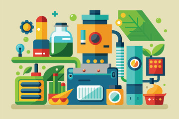 Different objects arranged on a flat surface, showcasing variety and functionality, Upcycle Customizable Flat Illustration