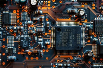 Fototapeta premium Detailed macro shot of electronic parts on a computer motherboard highlighting technology intricacies