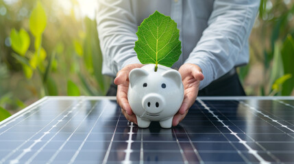Eco-friendly investment concept: hands holding a piggy bank with a leaf on solar panels