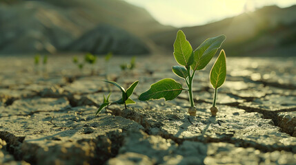 An image of small shoots growing painstakingly on dry surface and cracked land. It is a symbol of hope and vitality in the fight against climate change.  - obrazy, fototapety, plakaty