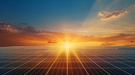 Clean energy symbolized by solar panels against a stunning sunset backdrop - obrazy, fototapety, plakaty